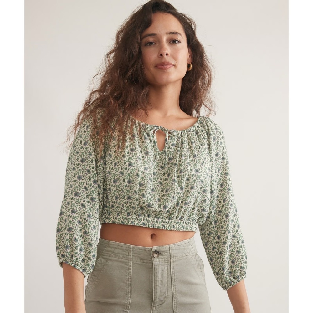 Marine Layer Tiana Double Cloth Cropped Floral Keyhole Tie Blouse XL